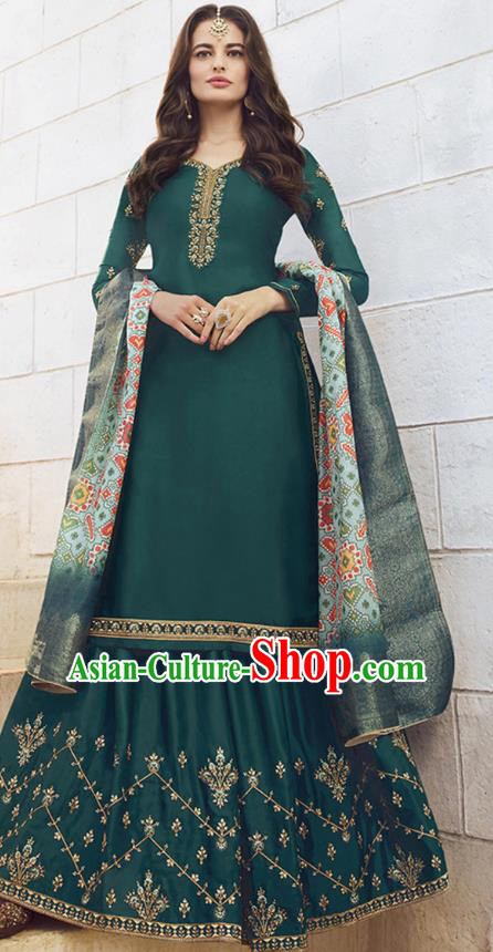 Asian India Court Punjab Costumes Asia Indian Traditional National Dance Embroidered Teal Satin Blouse and Skirt and Shawl Full Set