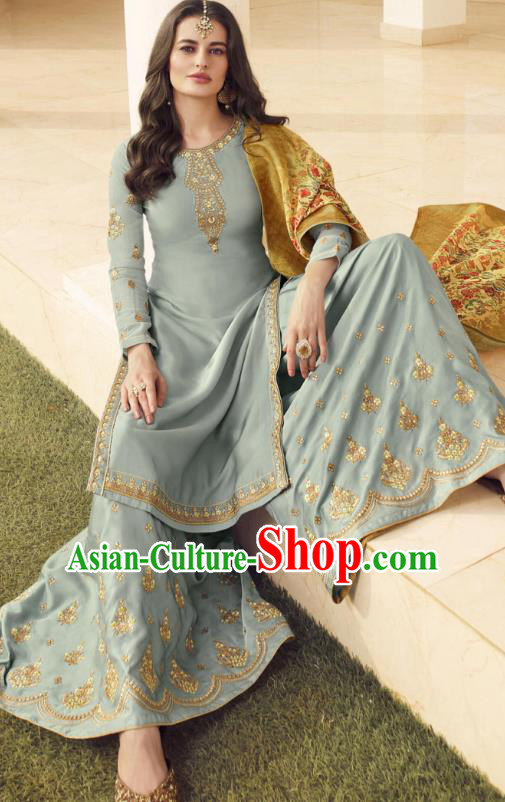 Asian India Court Punjab Costumes Asia Indian Traditional National Dance Embroidered Gray Satin Blouse and Skirt and Shawl Full Set