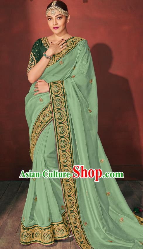 Asian India National Dance Light Green Silk Saree Asia Indian Traditional Costumes Court Princess Bollywood Blouse and Sari Dress for Women