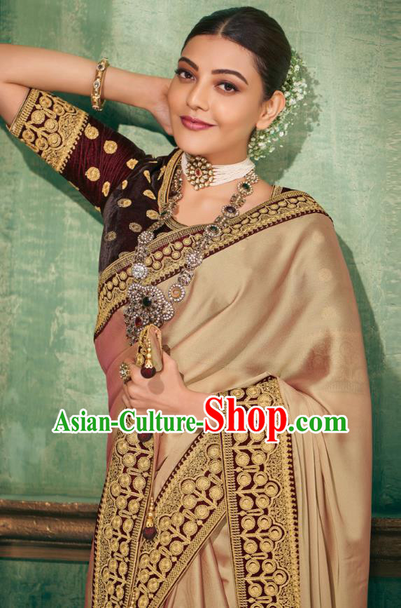 Asian India National Dance Apricot Silk Saree Asia Indian Traditional Costumes Court Princess Bollywood Blouse and Sari Dress for Women