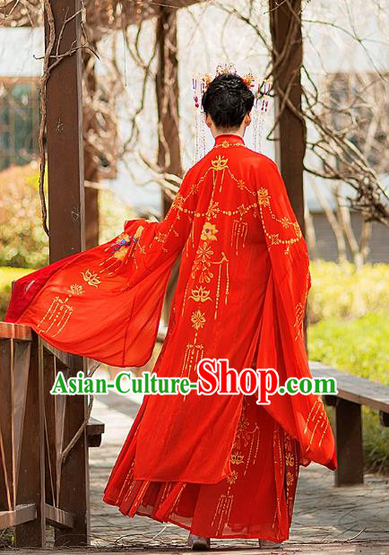 Traditional Chinese Jin Dynasty Wedding Historical Costumes Ancient Noble Princess Red Hanfu Dress Apparel Cloak and Blouse Skirt for Women