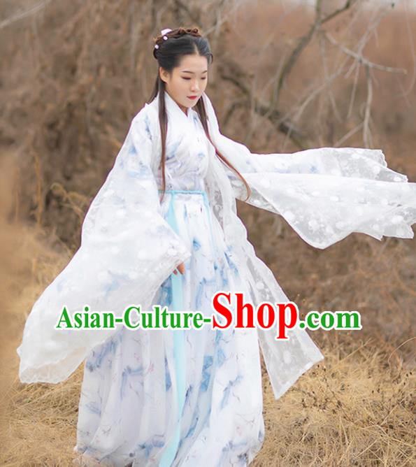 Traditional Chinese Jin Dynasty Young Lady Historical Costumes Ancient Princess Printing Cranes White Chiffon Hanfu Dress Apparel for Women