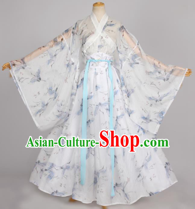 Traditional Chinese Jin Dynasty Young Lady Historical Costumes Ancient Princess Printing Cranes White Chiffon Hanfu Dress Apparel for Women