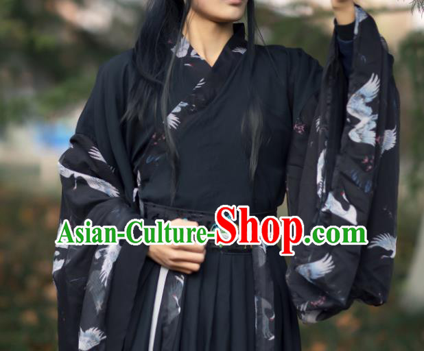 Traditional Chinese Jin Dynasty Scholar Historical Costumes Ancient Noble Childe Swordsman Black Hanfu Apparel for Men