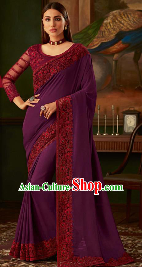 Asian India Bollywood Embroidered Purple Crepe Saree Asia Indian National Festival Dance Costumes Traditional Court Woman Blouse and Sari Dress Full Set