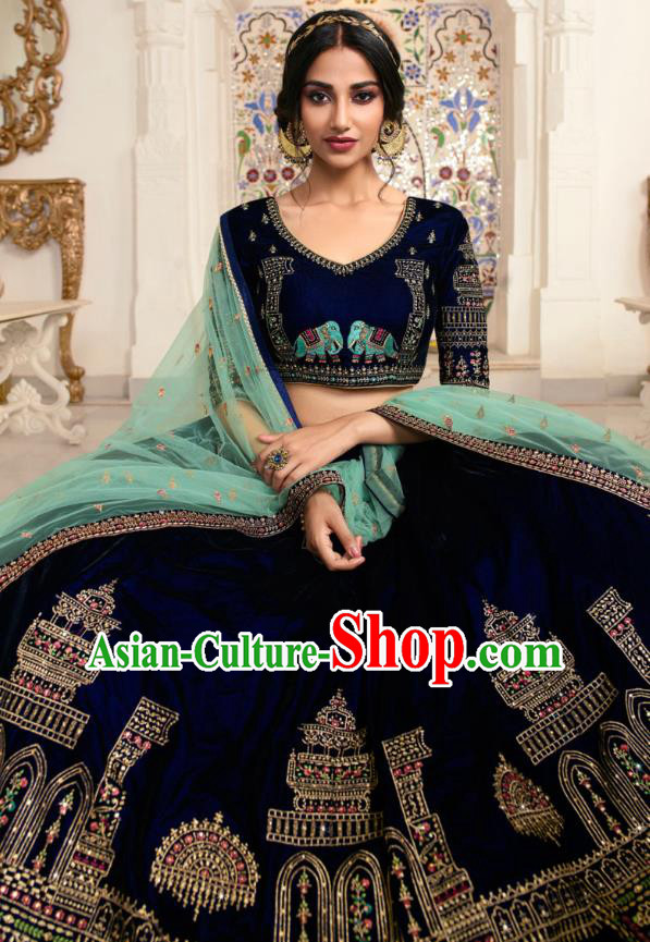 Asian India Wedding Silk Lehenga Costumes Asia Indian Traditional Festival Bride Embroidered Navy Blouse and Skirt and Sari Complete Set