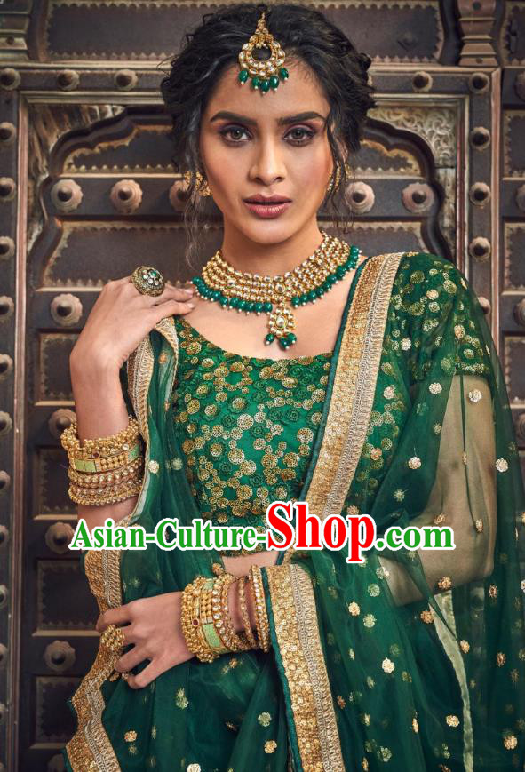 Top Asian India Wedding Lehenga Costumes Asia Indian Traditional Bride Embroidered Deep Green Blouse and Skirt and Sari Full Set