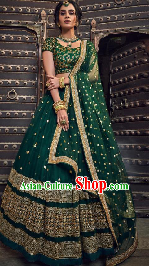 Top Asian India Wedding Lehenga Costumes Asia Indian Traditional Bride Embroidered Deep Green Blouse and Skirt and Sari Full Set