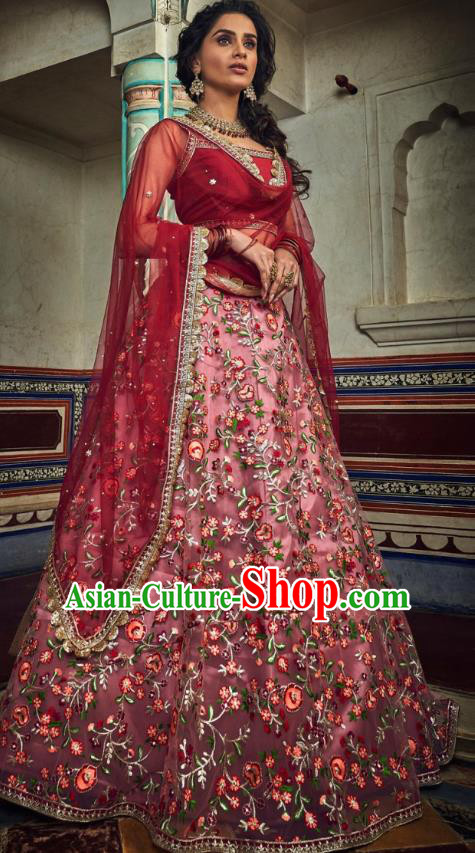Top Asian India Wedding Lehenga Costumes Asia Indian Traditional Bride Embroidered Carmine Blouse and Skirt and Sari Full Set