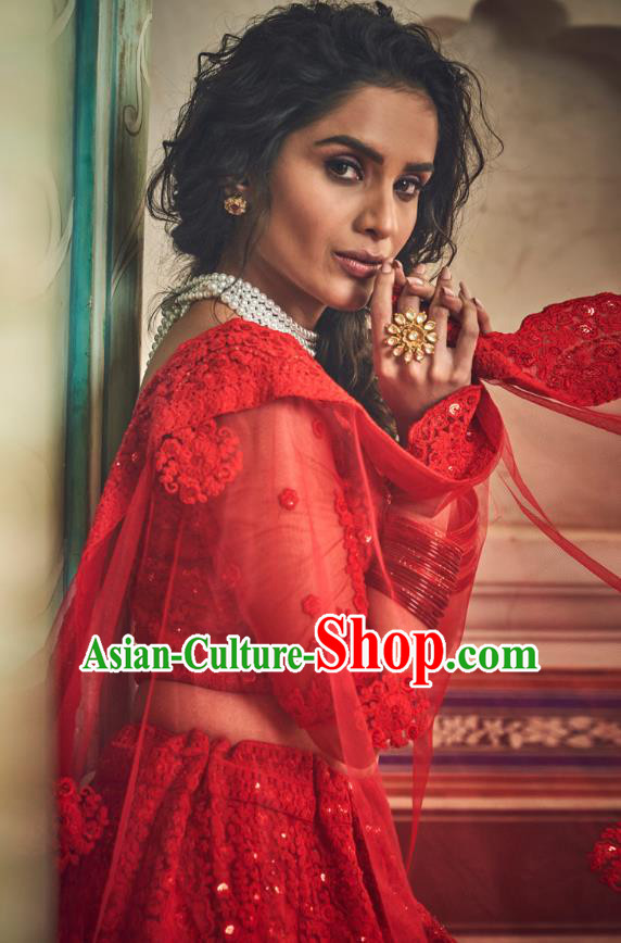 Top Asian India Wedding Lehenga Costumes Asia Indian Traditional Bride Embroidered Red Blouse and Skirt and Sari Full Set