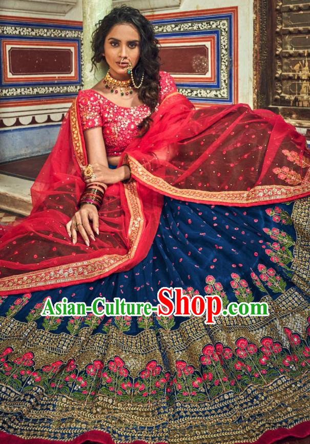Top Asian India Wedding Lehenga Costumes Asia Indian Traditional Bride Embroidered Red Blouse and Navy Skirt and Sari Full Set