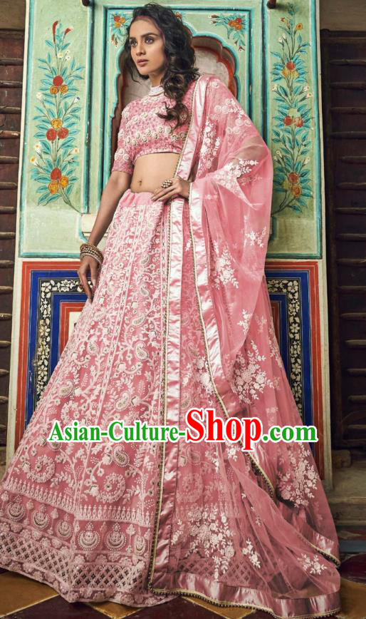Top Asian India Wedding Lehenga Costumes Asia Indian Traditional Bride Embroidered Pink Blouse and Skirt and Sari Full Set