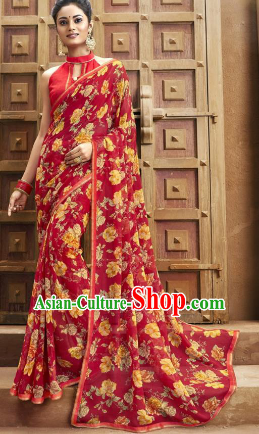 Asian India National Printing Red Georgette Saree Asia Indian Festival Dance Costumes Traditional Female Blouse and Sari Dress Full Set