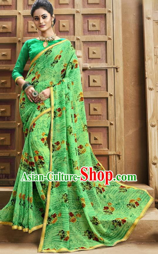 Asian India National Printing Green Georgette Saree Asia Indian Festival Dance Costumes Traditional Female Blouse and Sari Dress Full Set