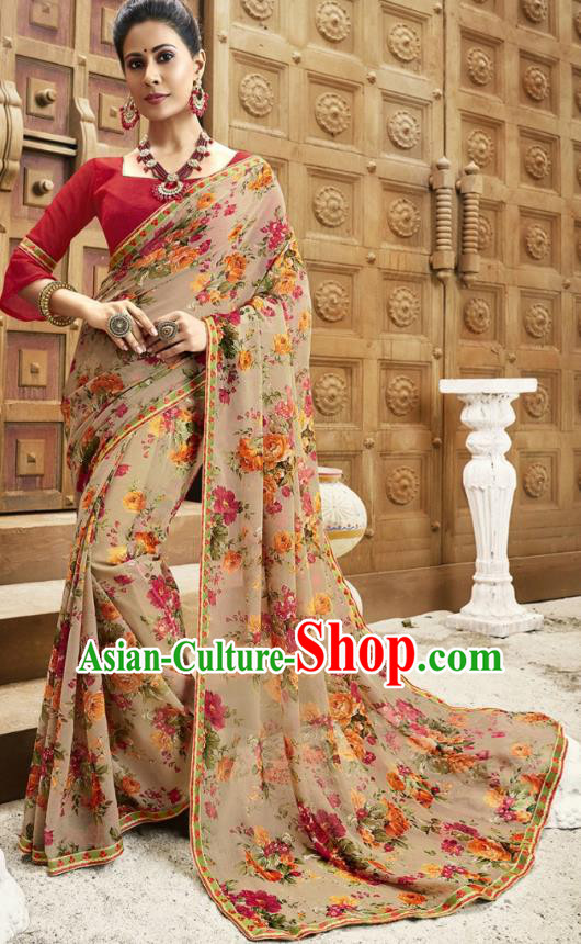 Asian India National Printing Light Brown Georgette Saree Asia Indian Festival Dance Costumes Traditional Female Blouse and Sari Dress Full Set
