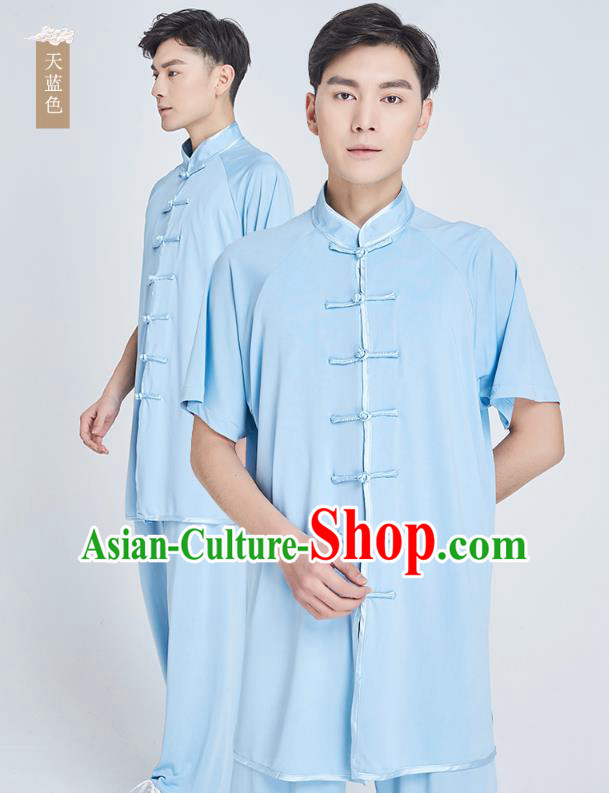 Top Grade Kung Fu Costume Martial Arts Training Light Blue Milk Fiber Uniform Shaolin Gongfu Tai Ji Clothing for Men