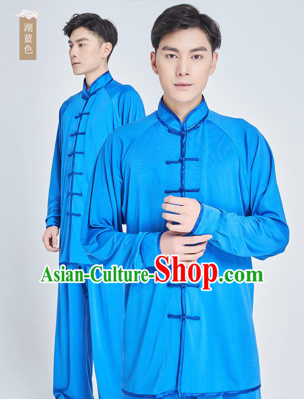 Top Grade Martial Arts Training Lake Blue Milk Fiber Uniform Kung Fu Costume Shaolin Gongfu Tai Ji Clothing for Men
