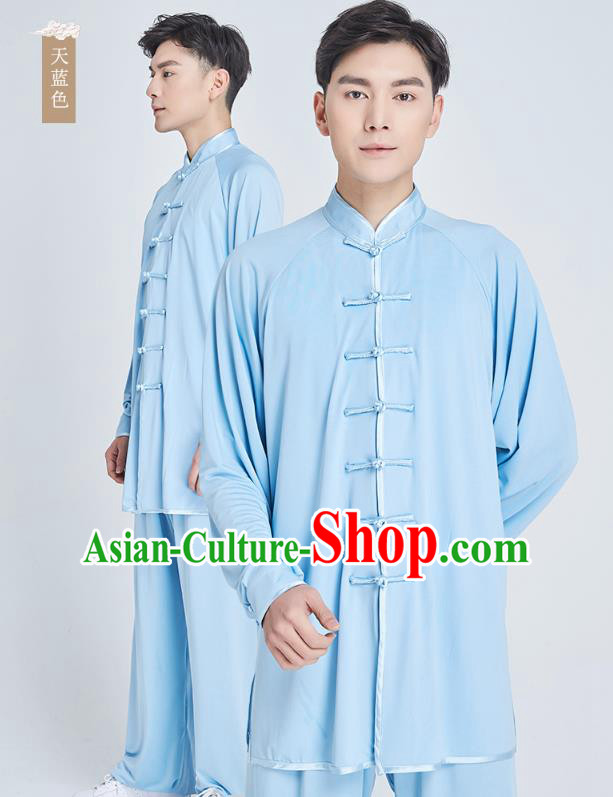 Top Grade Martial Arts Training Light Blue Milk Fiber Uniform Kung Fu Costume Shaolin Gongfu Tai Ji Clothing for Men