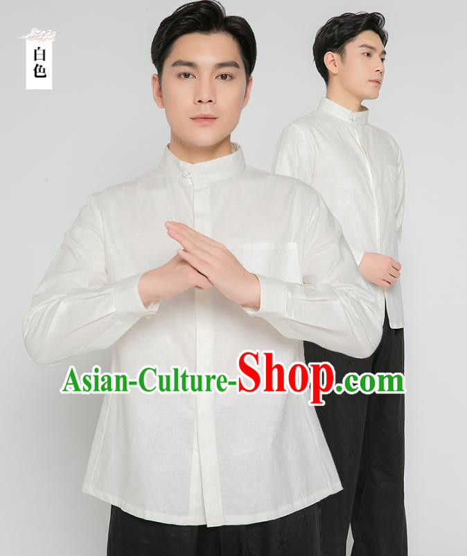 Asian Chinese Traditional Martial Arts Costumes China Kung Fu Outfits White Flax Shirt and Black Pants for Men