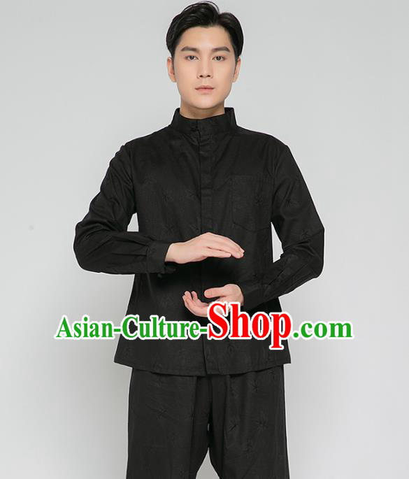 Asian Chinese Traditional Martial Arts Costumes China Kung Fu Outfits Black Flax Shirt and Black Pants for Men