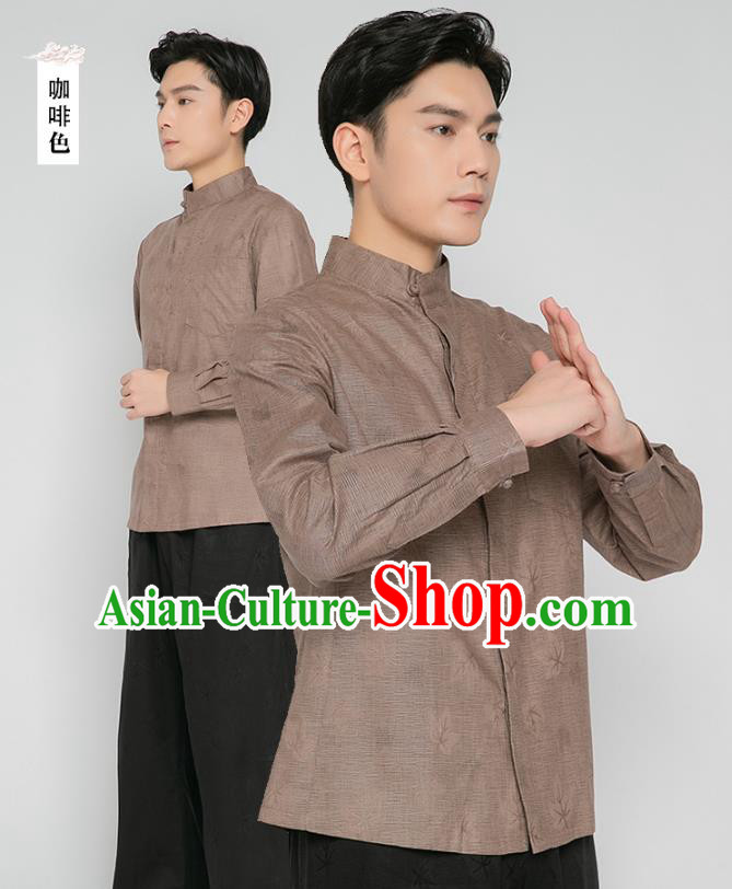 Asian Chinese Traditional Martial Arts Costumes China Kung Fu Outfits Brown Flax Shirt and Black Pants for Men