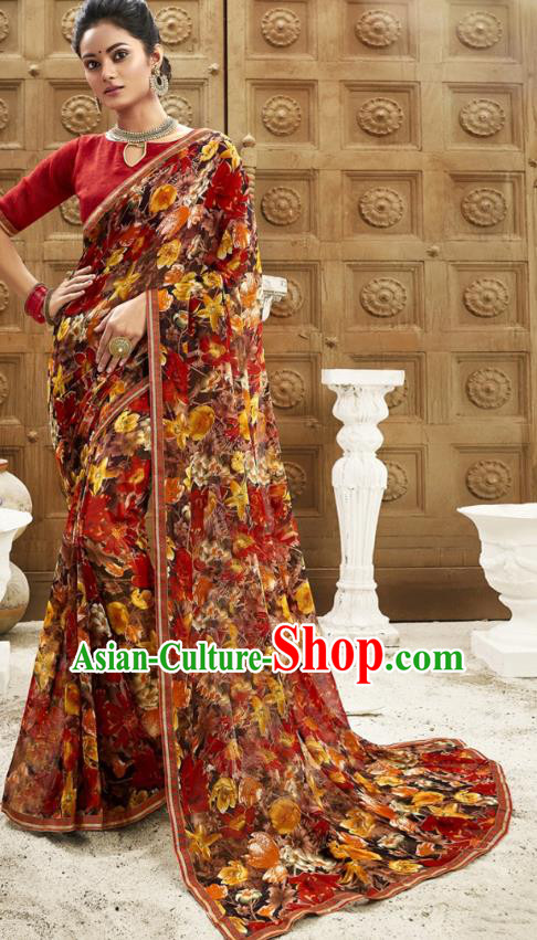 Asian India National Printing Dark Red Georgette Saree Asia Indian Festival Dance Costumes Traditional Female Blouse and Sari Dress Full Set