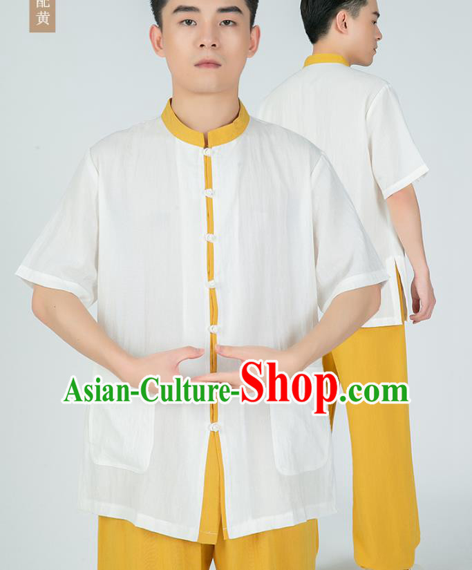 Asian Chinese Traditional Tai Chi White Flax Shirt and Yellow Pants Martial Arts Costumes China Kung Fu Outfits for Men