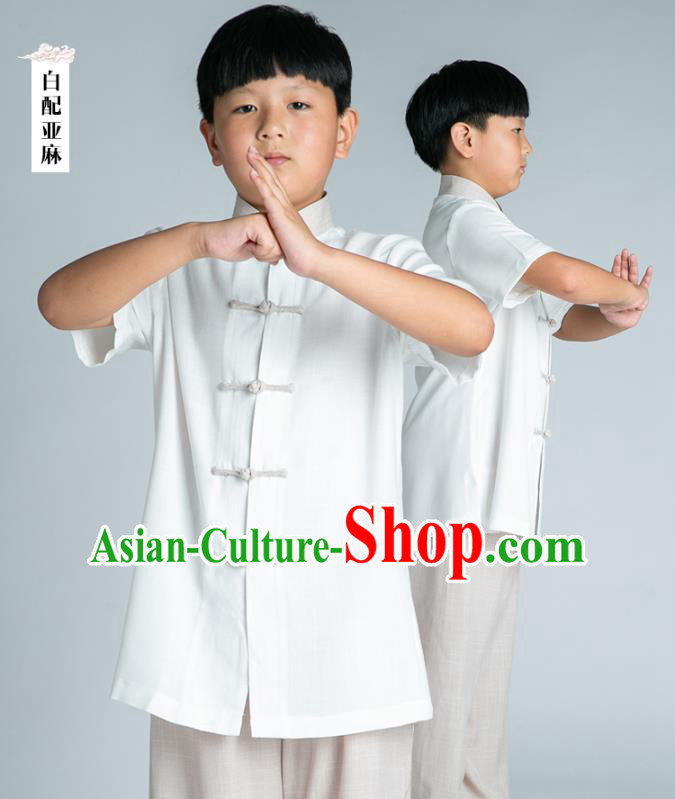 Asian Chinese Traditional Tai Chi White Linen Shirt and Pants Martial Arts Costumes China Kung Fu Outfits for Kids