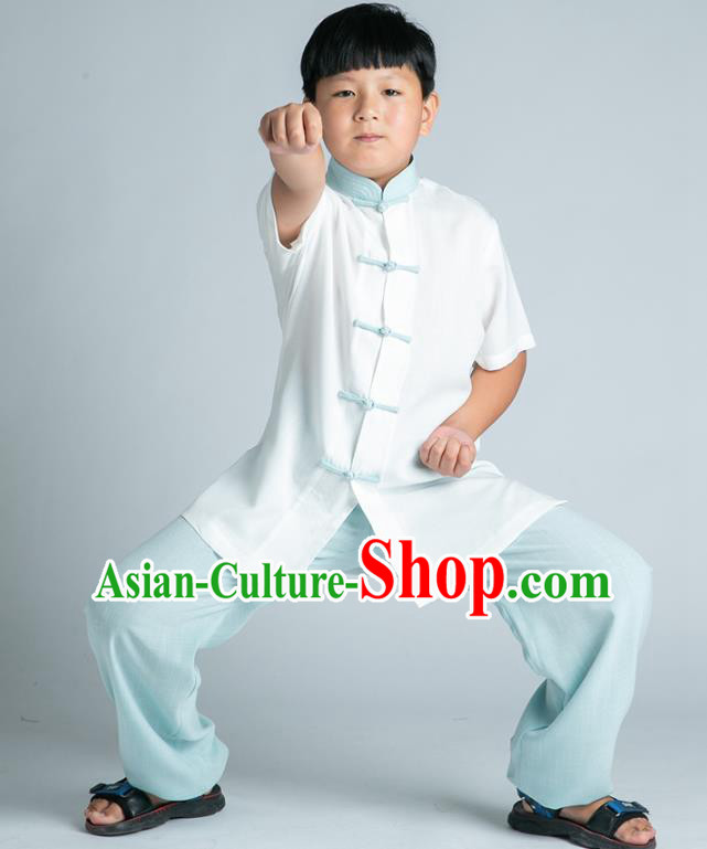 Asian Chinese Traditional Tai Chi White Linen Shirt and Blue Pants Martial Arts Costumes China Kung Fu Outfits for Kids