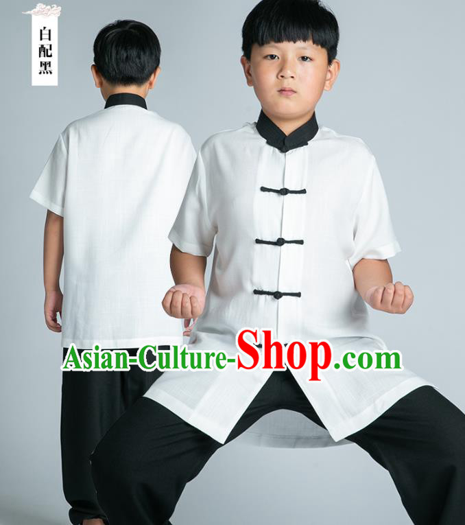 Asian Chinese Traditional Tai Chi White Linen Shirt and Black Pants Martial Arts Costumes China Kung Fu Outfits for Kids