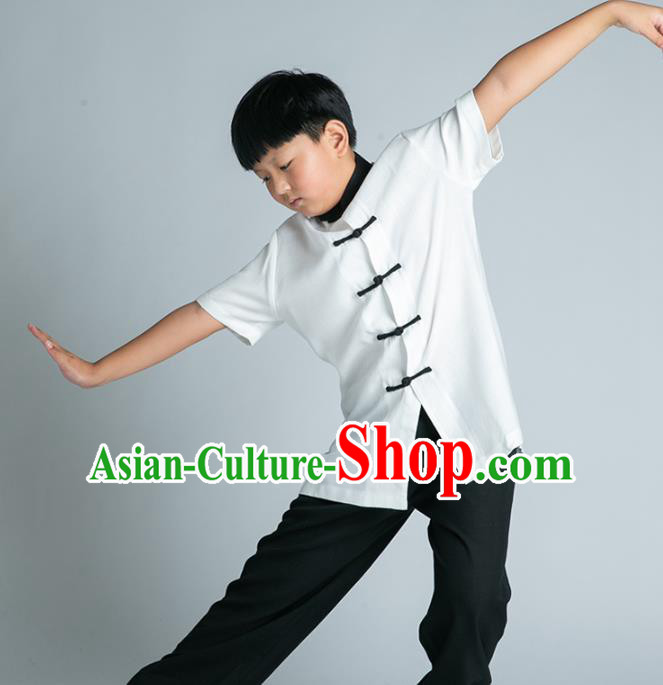 Asian Chinese Traditional Tai Chi White Linen Shirt and Black Pants Martial Arts Costumes China Kung Fu Outfits for Kids