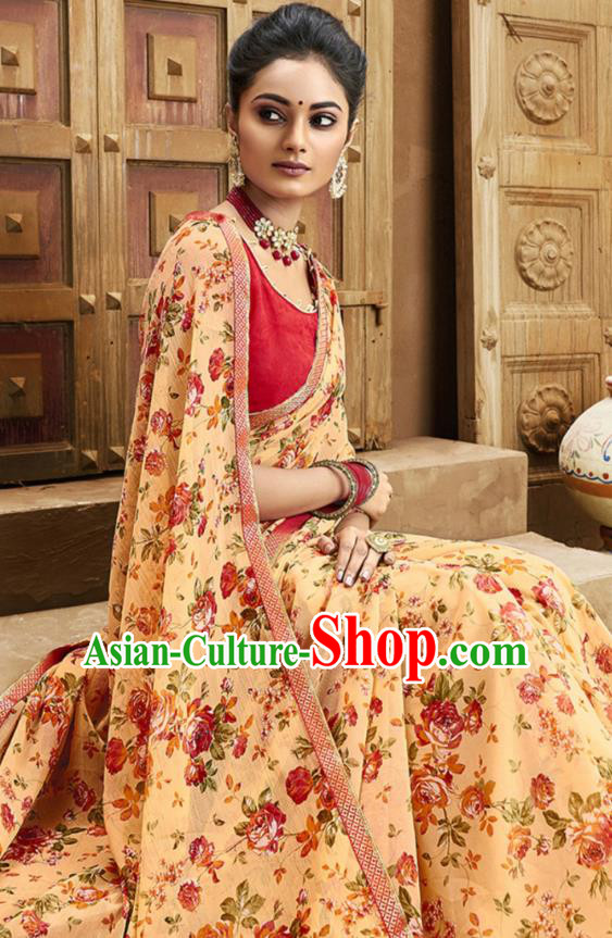 Asian India National Printing Apricot Georgette Saree Asia Indian Festival Dance Costumes Traditional Female Blouse and Sari Dress Full Set