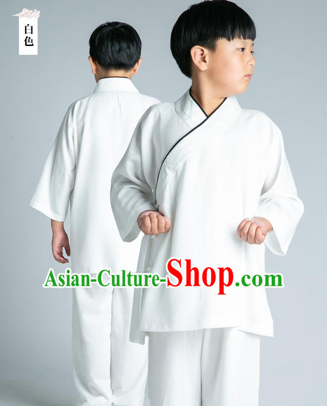 Asian Chinese Traditional Tai Chi Slant Opening White Linen Shirt and Pants Martial Arts Costumes China Kung Fu Outfits for Kids
