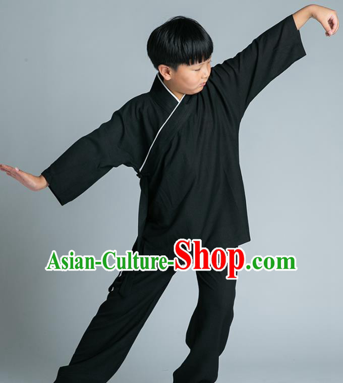 Asian Chinese Traditional Tai Chi Slant Opening Black Linen Shirt and Pants Martial Arts Costumes China Kung Fu Outfits for Kids