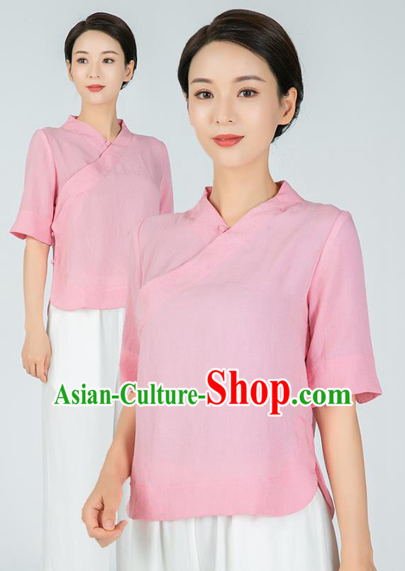 Professional Chinese Tai Chi Pink Flax Short Sleeve Blouse Martial Arts Shaolin Gongfu Costumes Kung Fu Training Garment Tang Suit Upper Outer for Women