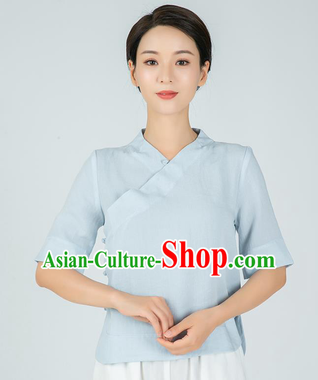 Professional Chinese Tai Chi Light Blue Flax Short Sleeve Blouse Martial Arts Shaolin Gongfu Costumes Kung Fu Training Garment Tang Suit Upper Outer for Women