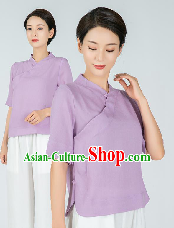 Professional Chinese Tai Chi Lilac Flax Short Sleeve Blouse Martial Arts Shaolin Gongfu Costumes Kung Fu Training Garment Tang Suit Upper Outer for Women