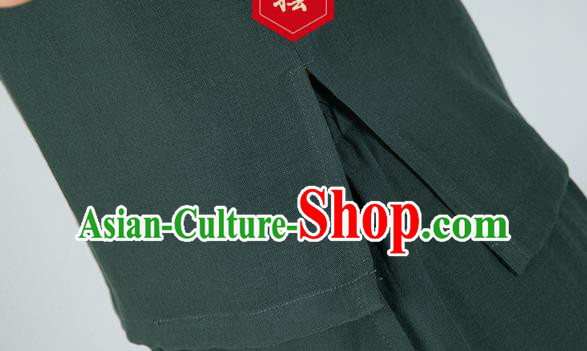 Professional Chinese Tai Chi Dark Green Flax Blouse and Pants Outfits Martial Arts Shaolin Gongfu Costumes Kung Fu Training Garment for Women