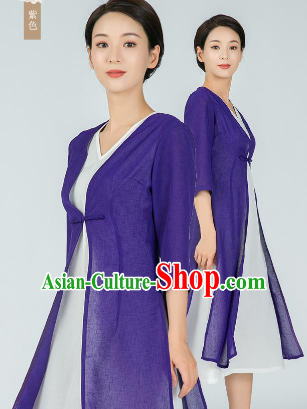 Asian Chinese Traditional Tang Suit Purple Flax Cloak Dress Martial Arts Costumes China Kung Fu Clothing for Women