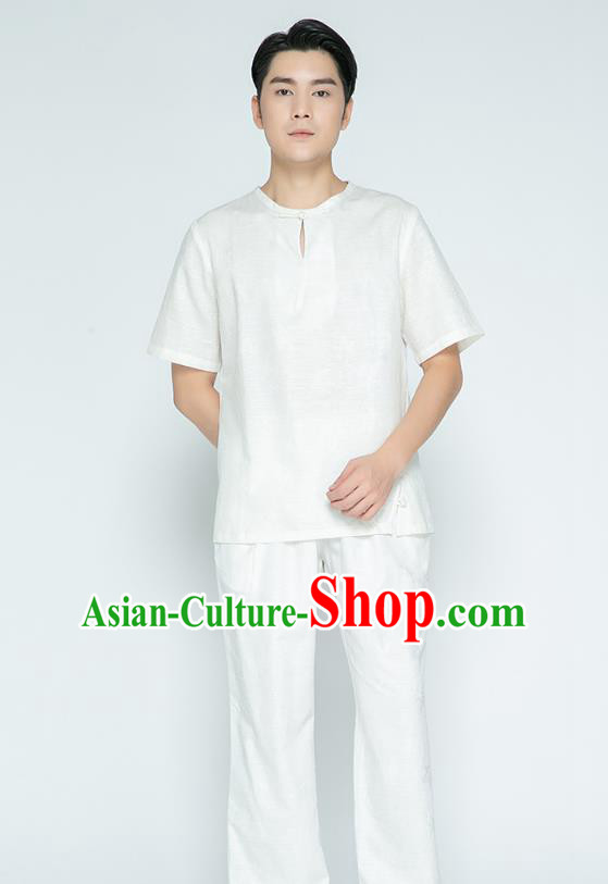Top Grade Chinese Martial Arts Training Jacquard White Flax Uniforms Kung Fu Costume Shaolin Gongfu Tai Ji Shirt and Pants for Men