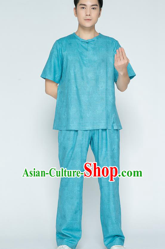 Top Grade Chinese Martial Arts Training Jacquard Blue Flax Uniforms Kung Fu Costume Shaolin Gongfu Tai Ji Shirt and Pants for Men