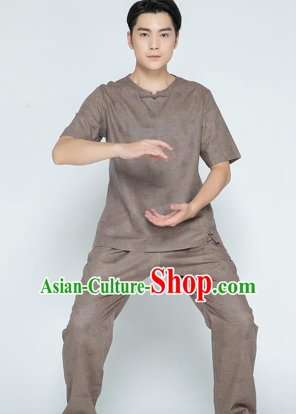 Top Grade Chinese Martial Arts Training Jacquard Brown Flax Uniforms Kung Fu Costume Shaolin Gongfu Tai Ji Shirt and Pants for Men