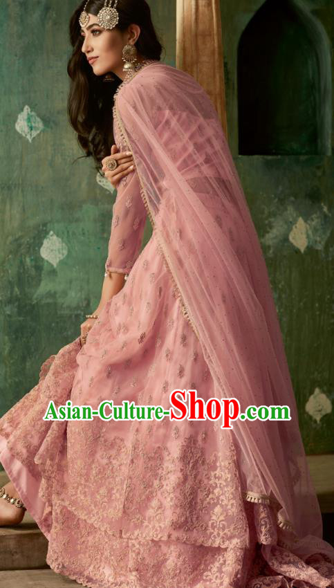 Top Asian India Pink Lehenga Costumes Asia Indian Traditional Bride Embroidered Blouse and Skirt and Sari Full Set