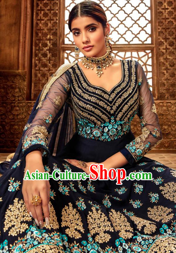 Asian India National Embroidered Navy Anarkali Dress Asia Indian Festival Dance Costumes Traditional Female Clothing and Sari Full Set