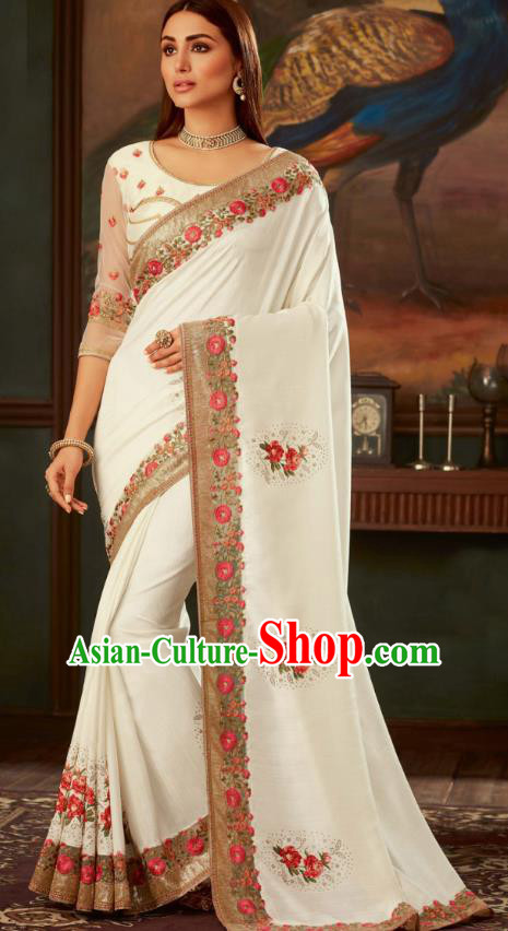Asian India Bollywood Embroidered White Crepe Saree Asia Indian National Festival Dance Costumes Traditional Court Woman Blouse and Sari Dress Full Set