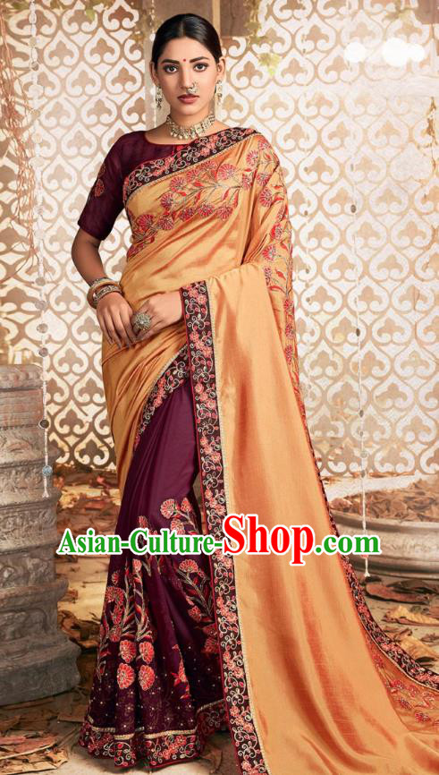 Asian India National Embroidered Chanderi Silk Saree Dress Asia Indian Festival Dance Purple Blouse and Golden Sari Costumes Traditional Court Female Clothing