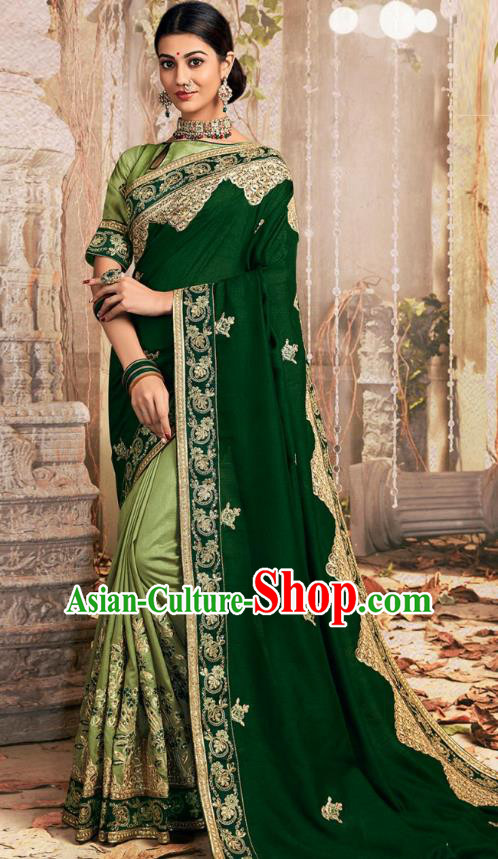 Asian India National Embroidered Deep Green Chanderi Silk Saree Dress Asia Indian Festival Dance Blouse and Sari Costumes Traditional Court Female Clothing
