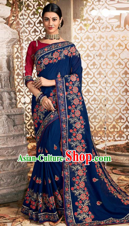 Asian India National Embroidered Deep Blue Chanderi Silk Saree Dress Asia Indian Festival Dance Blouse and Sari Costumes Traditional Court Female Clothing