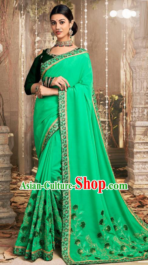 Asian India National Embroidered Green Chanderi Silk Saree Dress Asia Indian Festival Dance Blouse and Sari Costumes Traditional Court Female Clothing