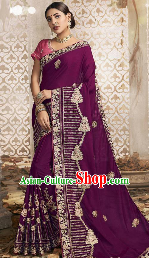 Asian India National Embroidered Purple Chanderi Silk Saree Dress Asia Indian Festival Dance Blouse and Sari Costumes Traditional Court Female Clothing